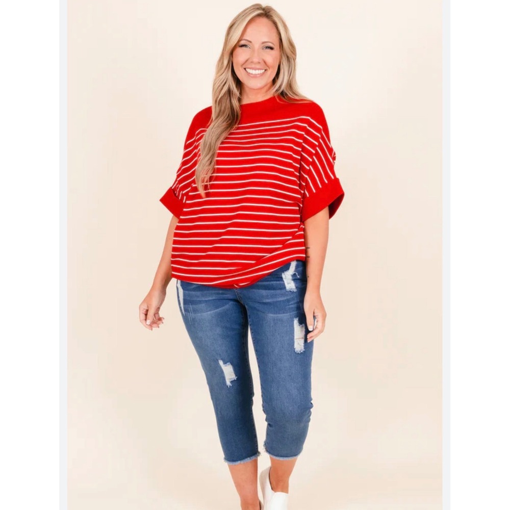 Chic Soul Red White Striped Oversized Knit Dolman Sleeve Top 3X Nautical